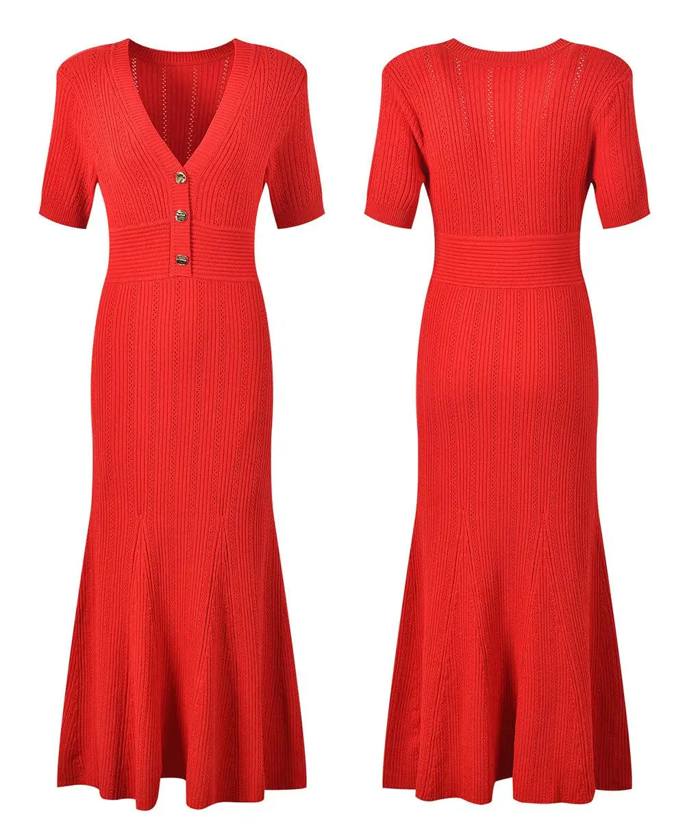Fashion Women Solid V Neck Single Breasted Hollowed Out Knitted Dress Spring Summer Short Sleeves Festival Fishtail Long Dresses