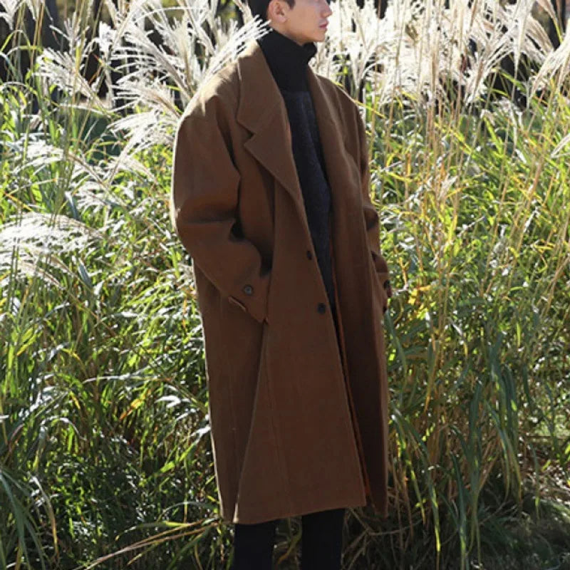 Simple Men's Woolen Overcoats Solid Color Turn-down Collar Casual Tops Overknee Single Breasted Loose Male Trench 9C8989