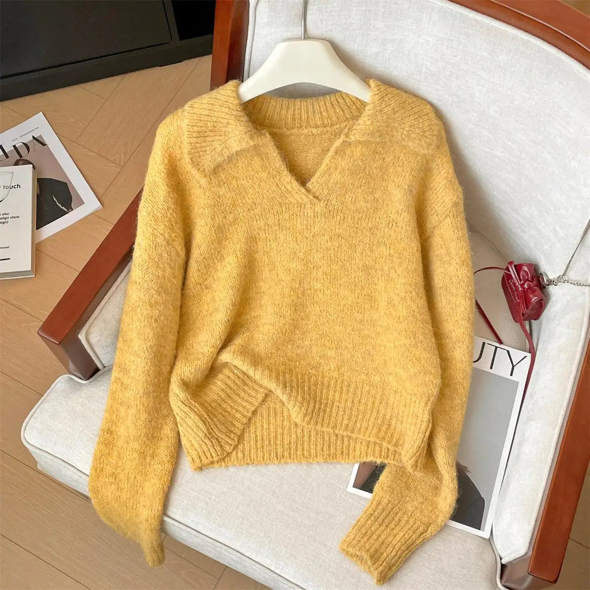 Korean Style Autumn Winter Yellow Elegant Long Sleeves Knit Cotton Sweater Women's Lapel Pullover Short Tops Popular Simplicity
