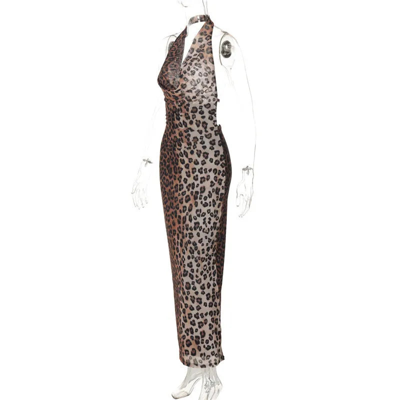 Leopard Print Backless Sexy Maxi Dress For Women Gown Fashion Halter Strapless Sleeveless Bodycon Printed Long Dress