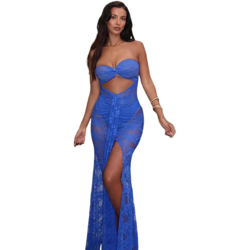 Load image into Gallery viewer, Lace See Through Strapless Sexy Maxi Dress For Women Gown Halter Hollow Out Sleeveless Backless High Split Long Dress
