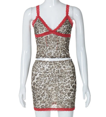 Leopard Print Patchwork Straps Sexy See Through Slim Crop Tank Top Skirts Summer Women Fashion Outfits Beach Vacation
