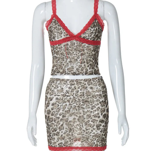 Load image into Gallery viewer, Leopard Print Patchwork Straps Sexy See Through Slim Crop Tank Top Skirts Summer Women Fashion Outfits Beach Vacation
