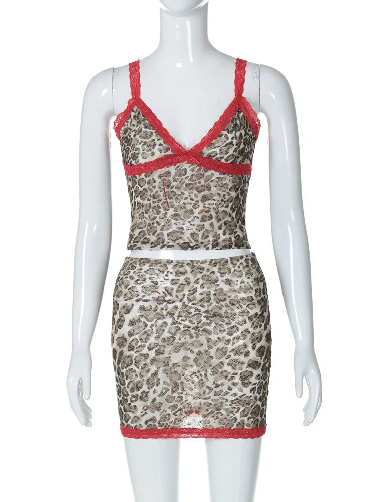 Leopard Print Patchwork Straps Sexy See Through Slim Crop Tank Top Skirts Summer Women Fashion Outfits Beach Vacation