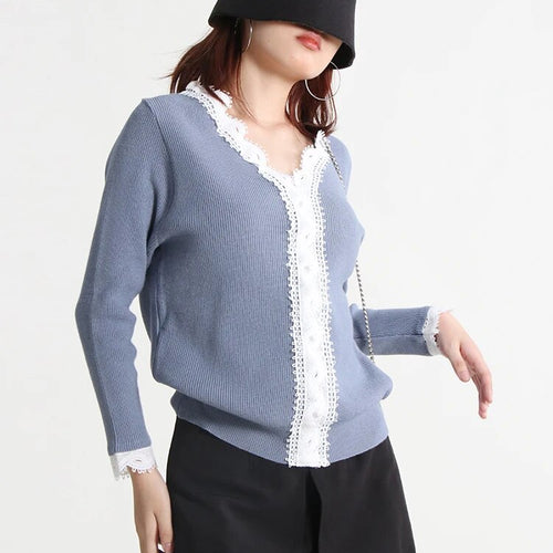 Load image into Gallery viewer, Lace Trim Slim Sweater For Women V Neck Long Sleeve Knitting Single Breasted Cardigan Female Autumn Clothing
