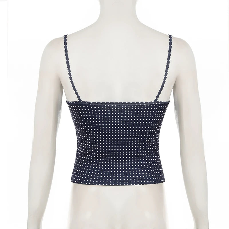 Fashion Polk Dot Printed Mini Camisole Women's Lace Patchwork Spaghetti Strap Summer Beach Cropped Tops Backless Y2K