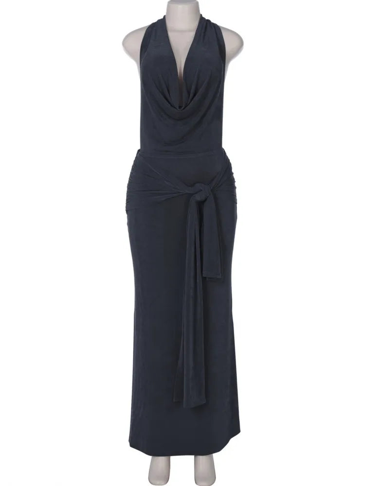 Deep V Neck Backless Sexy Maxi Dress For Women Elegant Hollow Out Bandage Sleeveless Bodycon Club Long Dress Fashion