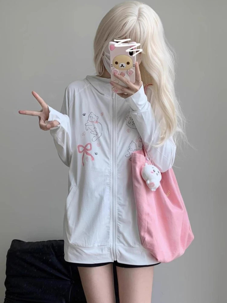 Japanese Kawaii Cute Cat Print Jackets Loose Y2k Casual Sun Protection Women's Tops Fashion Preppy Sweet Hooded Coats All Match