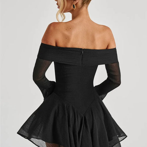 Load image into Gallery viewer, Strapless Long Flare Sleeve Sexy Mini Dress For Women Robe Off-shoulder Backless High Waist A-line Club Party Dress
