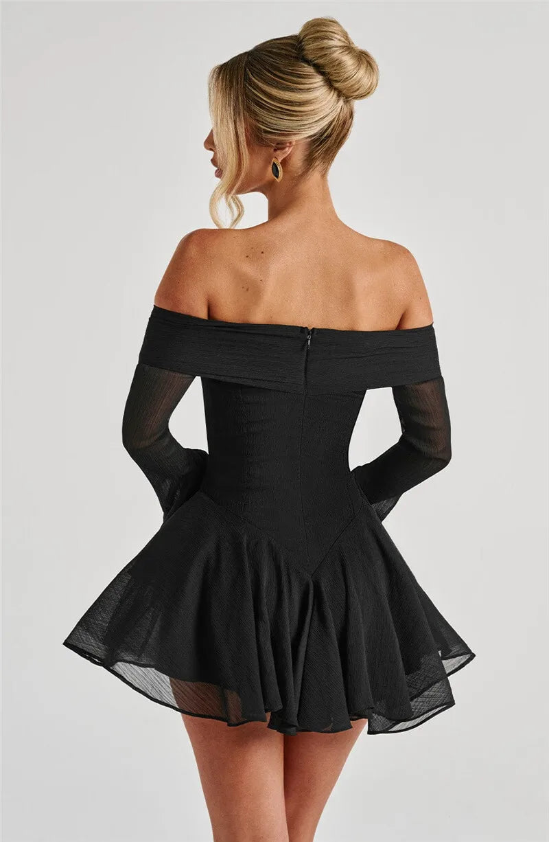 Strapless Long Flare Sleeve Sexy Mini Dress For Women Robe Off-shoulder Backless High Waist A-line Club Party Dress