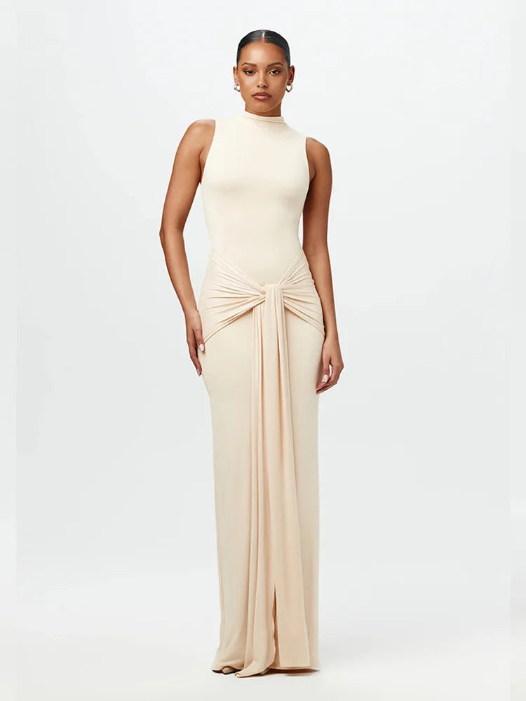 Elegant Sleeveless Bodycon Lace Up Party Evening Dress Women Autumn/Winter New2025 Slim Vestido Elastic Tight Clothing