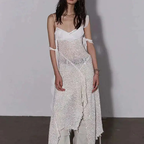 Load image into Gallery viewer, Women Beige Burr Perspective Sequins Irregular Long Spaghetti Strap Dress New Fashion Tide Spring Autumn 2025 1DH4725
