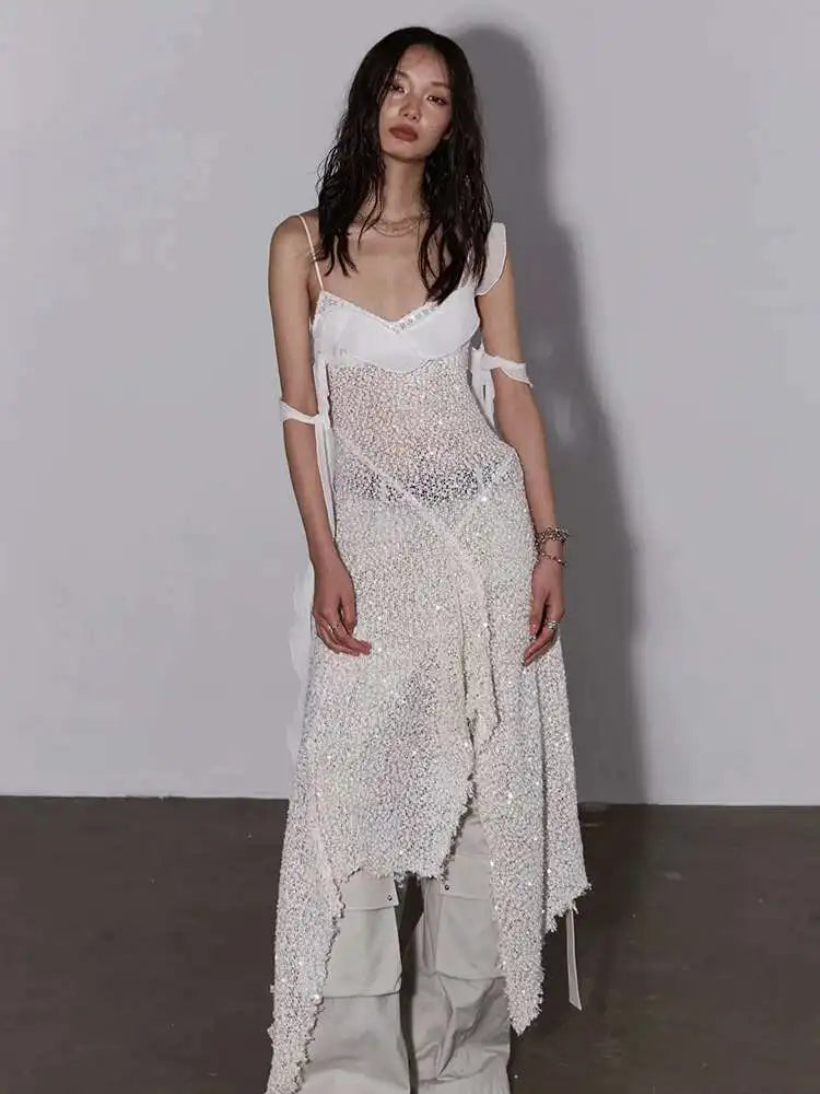 Women Beige Burr Perspective Sequins Irregular Long Spaghetti Strap Dress New Fashion Tide Spring Autumn 2025 1DH4725