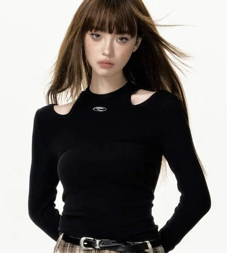 Fashion Tshirts for Women Black Sexy Tees 2023 Ropa Mujer O-neck Long Sleeve Off Shoulder Tunic Y2k Crop Tops 2023 Ropa Mujer