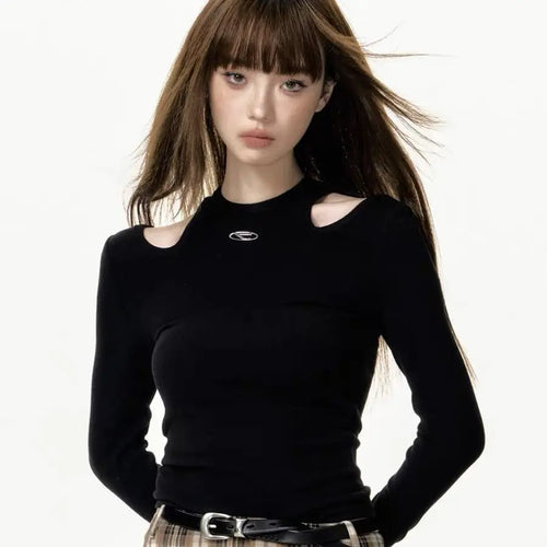 Load image into Gallery viewer, Fashion Tshirts for Women Black Sexy Tees 2023 Ropa Mujer O-neck Long Sleeve Off Shoulder Tunic Y2k Crop Tops 2023 Ropa Mujer
