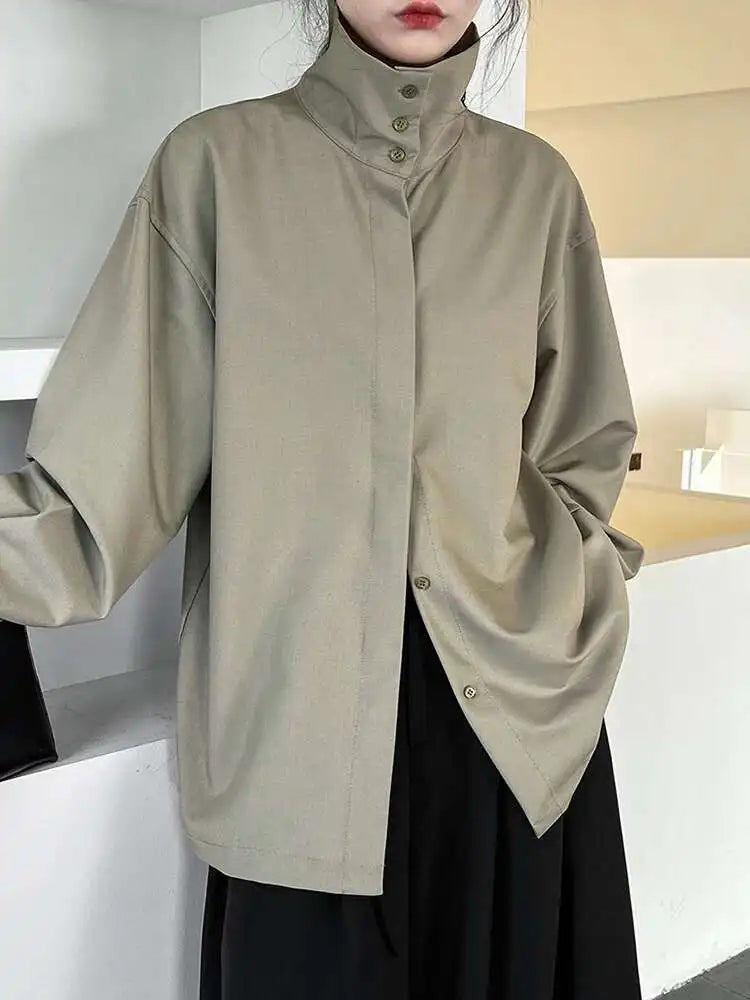 Women Green Brief Elegant Big Size Blouse New Stand Collar Long Sleeve Shirt Fashion Tide Spring Autumn 2025 1DH6652