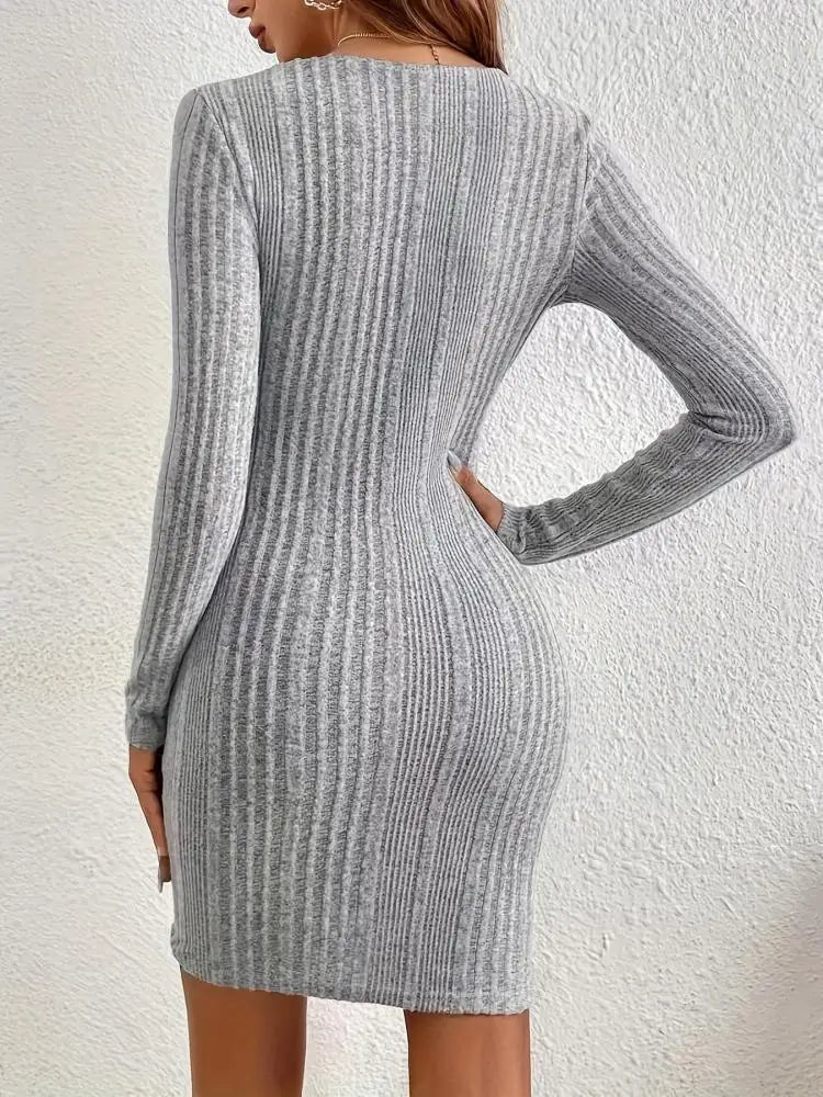 Spring Autumn Korean Grey V Neck Elegant Slim Long Sleeve Asymmetric Short Dress Women Versatile Pleated Knitted Mini Dress Chic