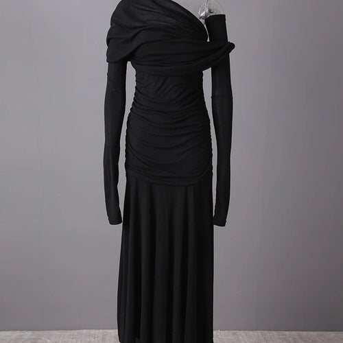 Load image into Gallery viewer, Women Black Pleated Elegant Slim Long Dress New Asymmetrical Collar Long Sleeve Fashion Tide Spring Autumn 2025 CPG2993
