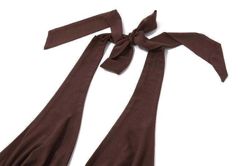 Hollow Out Lace-up Sexy Skirt 2 Piece Sets Women Brown Halter Crop Tops And Maxi Skirt Female Skinny Sexy Two Piece Set