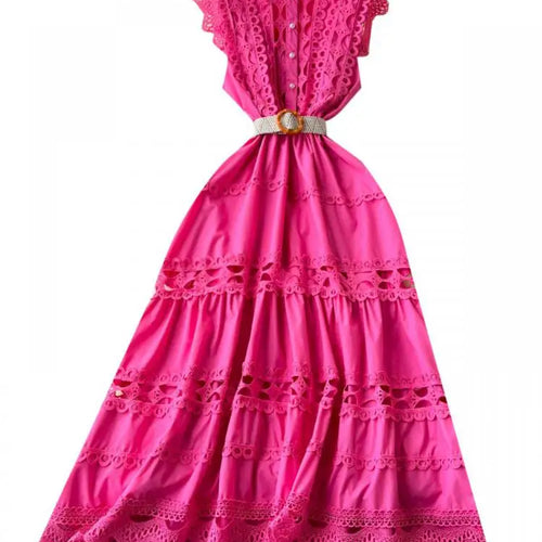 Load image into Gallery viewer, Retro French 2024 New Summer Women Solid Elegant Hollowed Out Sleeveless Long Dress Sweet Lace Patchwork Single Breasted Dresses
