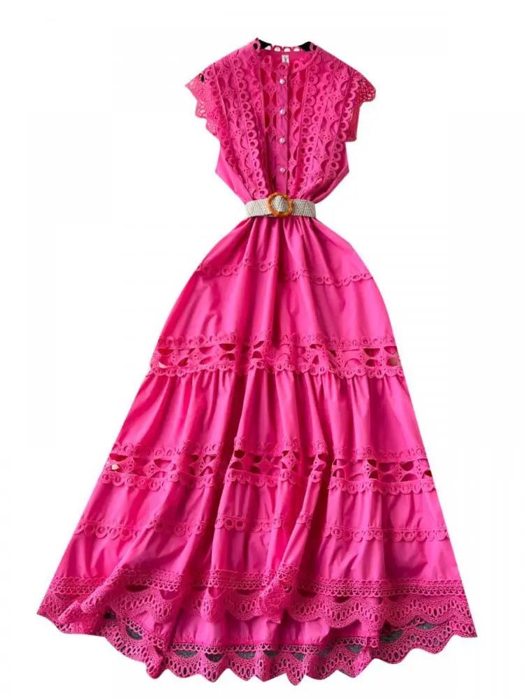 Retro French 2024 New Summer Women Solid Elegant Hollowed Out Sleeveless Long Dress Sweet Lace Patchwork Single Breasted Dresses