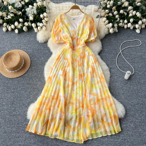 Load image into Gallery viewer, French Retro Romantic Women's Elegant Print V-neck Short Sleeved Pleated Long Dress Summer Vacation Party Evening Dress Bohemian
