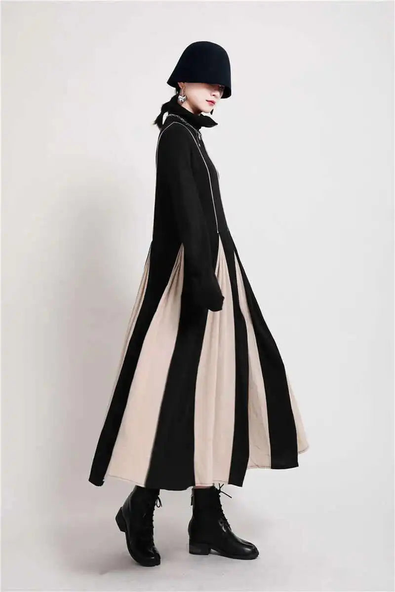Women Black White Contrast Color Long Dress New Turtleneck Long Sleeve Loose Fit Fashion Tide Autumn Winter 2025  1DD2153