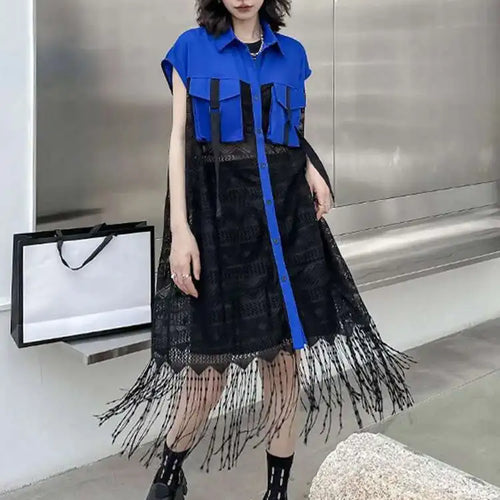 Load image into Gallery viewer, Women Army Green Lace Perspective Tassels Midi Shirt Dress New Lapel Sleeveless Fashion Tide Spring Summer 2025 1DH4540

