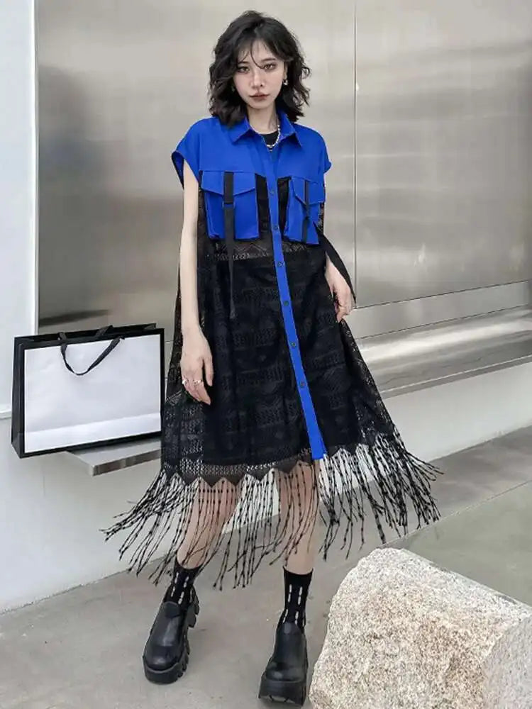 Women Army Green Lace Perspective Tassels Midi Shirt Dress New Lapel Sleeveless Fashion Tide Spring Summer 2025 1DH4540