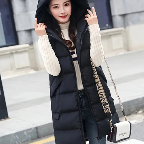 Load image into Gallery viewer, Women&#39;s Vest Jacket Down Cotton Vest Winter Jacket Hooded Long Coat Sleeveless Loose Female Waistcoat Snow Wear
