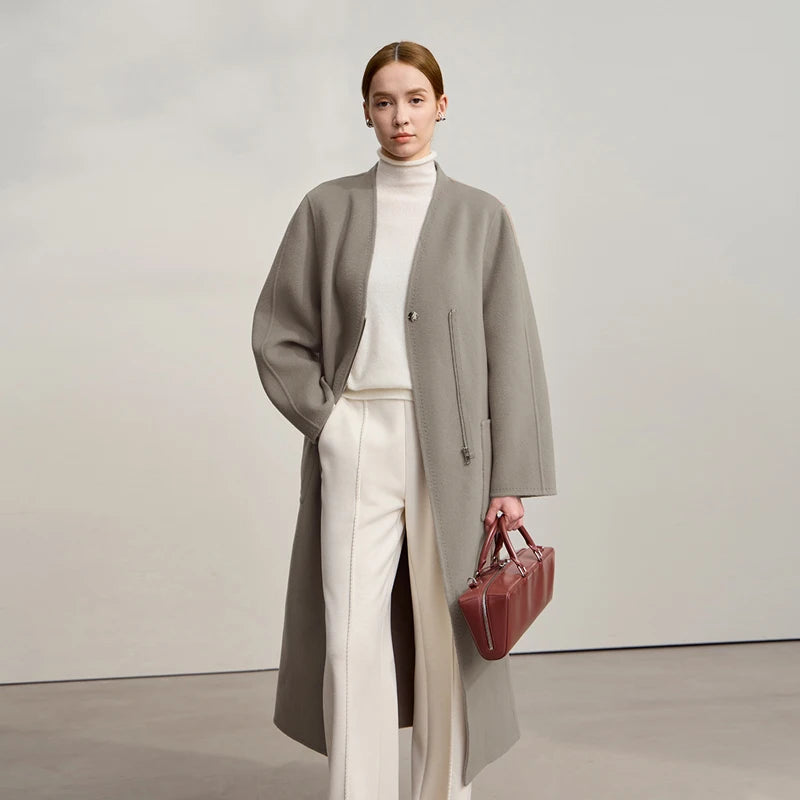 100% Wool Women's Jacket Coat 2025 Winter New Long Zipper Woolen Coat Woman With Belt Double-sided Tweed Jacket 12544007