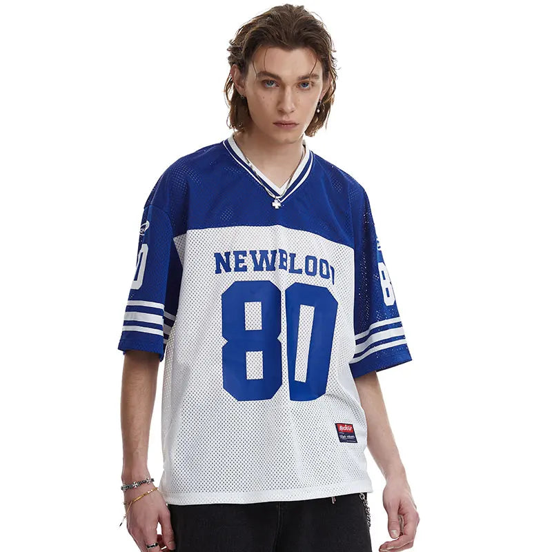 Vintage Mesh Jersey T-Shirt Y2K Graphic Printed Patchwork Sports V-Neck Tshirt Streetwear Hip Hop Harajuku Breathable Urban Top