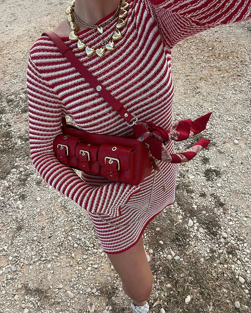 Striped Knit Mini Dress For Women Autumn Winter New O Neck Long Sleeve Contrast Color High Waist Beach Sexy Dress New