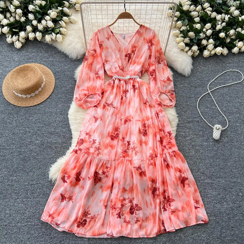 Load image into Gallery viewer, French Women Vintage Sweet Printed Birthday Evening Party Long Dresses Autumn New V Neck  Lantern Sleeves Pleated Dress Bohemian
