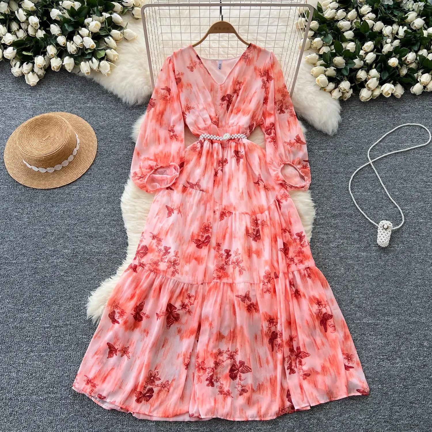 French Women Vintage Sweet Printed Birthday Evening Party Long Dresses Autumn New V Neck  Lantern Sleeves Pleated Dress Bohemian