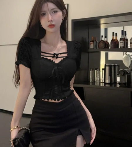 Vintage Lace Jacquard Sweet Bandage Bow Women Blouse Y2k Aesthetic Ruffled Crop Shirts Square Collar Sexy Harajuku Grunge Blusas