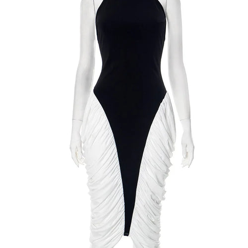 Load image into Gallery viewer, Patchwork Halter Backless Sexy Midi Dress Women Gown Elegant Fashion Contrast Color Sleeveless Pleated Long Dress
