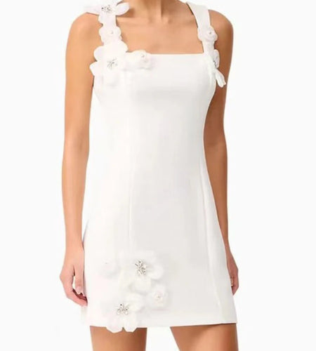 Solid Slimming Minimalist Mini Dresses for Women Square Neck Sleeveless Patchwork 3D Flower Dress Female Clothing