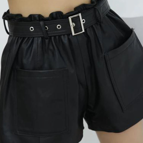 Load image into Gallery viewer, PU Leather Shorts For Women High Waist Patchwork Belt Temperament Short Pants Female Autumn Fashion Clothing

