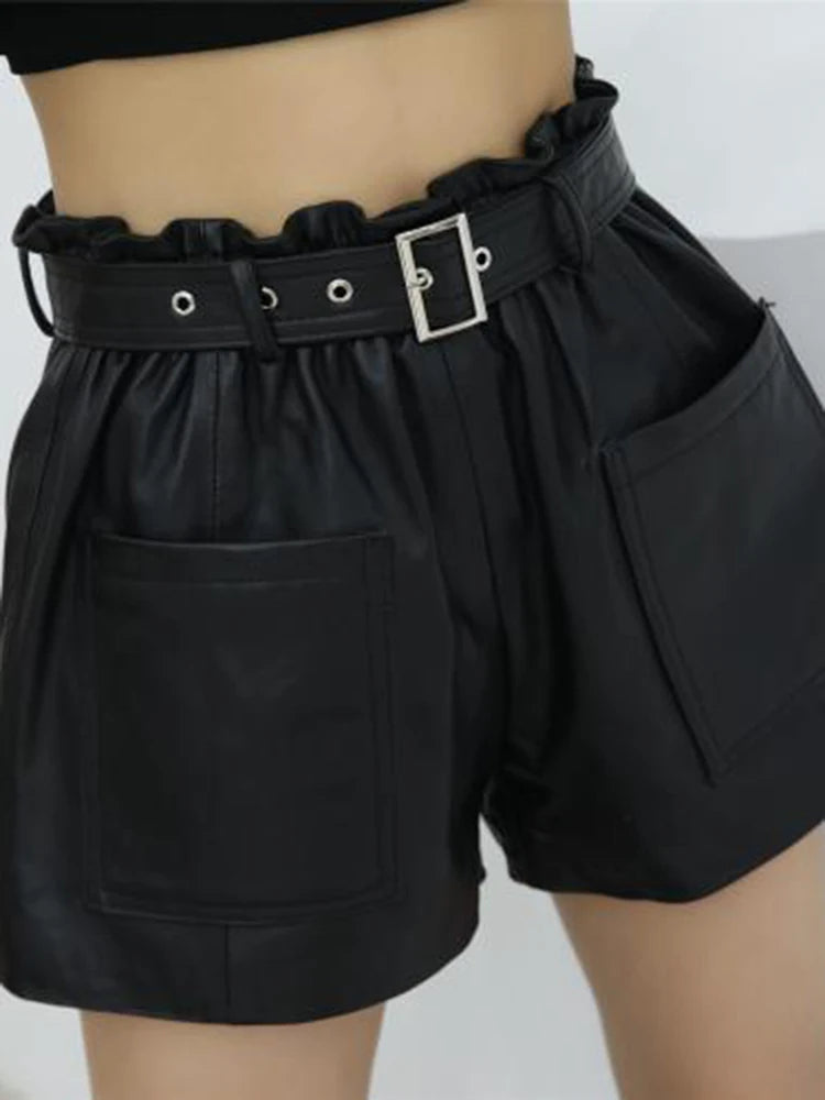 PU Leather Shorts For Women High Waist Patchwork Belt Temperament Short Pants Female Autumn Fashion Clothing