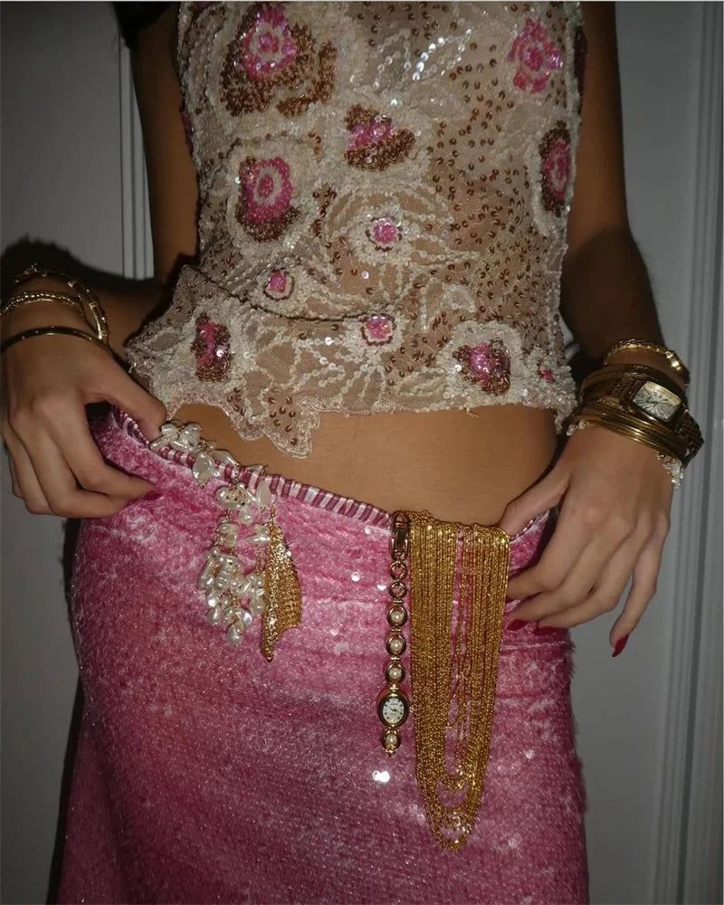 Sequin Summer Beach Sexy Skirt Women Elegant Sparkle High Waist A-line Skirts Female Pink Vacation Club Party Skirt