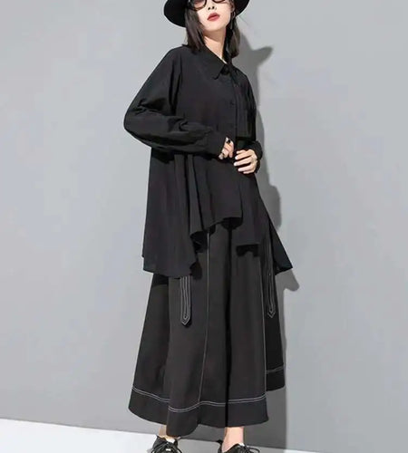 High Waist Black Topstitched Bandage Long Wide Leg Pants New Loose Fit Trousers Women Fashion Spring Autumn 2025 1DF7722