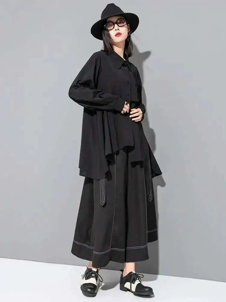 High Waist Black Topstitched Bandage Long Wide Leg Pants New Loose Fit Trousers Women Fashion Spring Autumn 2025 1DF7722