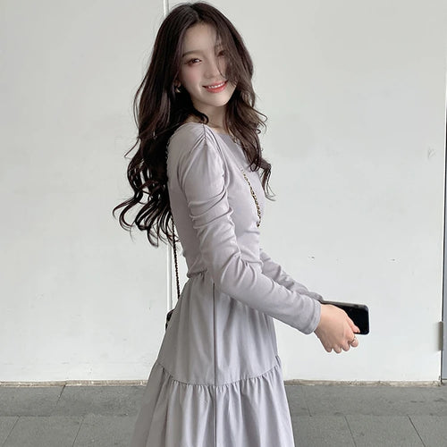 Load image into Gallery viewer, Autumn Gray Elegant High Waist Evening Party Dresses Women Long Sleeve Off Shoulder Sexy Club Pleated Long Dress French Popular
