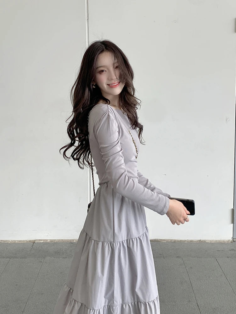 Autumn Gray Elegant High Waist Evening Party Dresses Women Long Sleeve Off Shoulder Sexy Club Pleated Long Dress French Popular