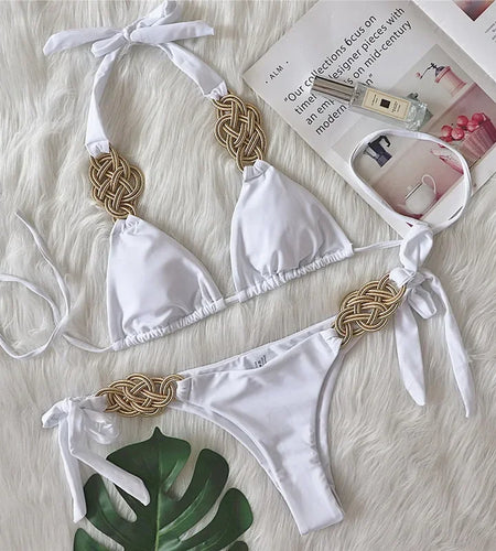 Sexy 2024 Hand Knitted Bikini Push Up Swimwear Women Brazilian Bikini Swimsuit Halter Biquini Two Pieces Bathing Suit