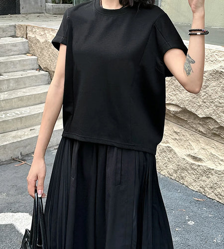 Women Black Irregular Hem Big Size Causal T-shirt New Round Neck Short Sleeve Fashion Tide Spring Summer 2025 1DJ1381