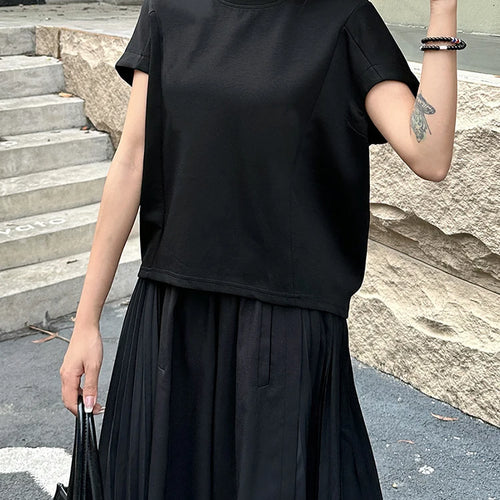 Load image into Gallery viewer, Women Black Irregular Hem Big Size Causal T-shirt New Round Neck Short Sleeve Fashion Tide Spring Summer 2025 1DJ1381
