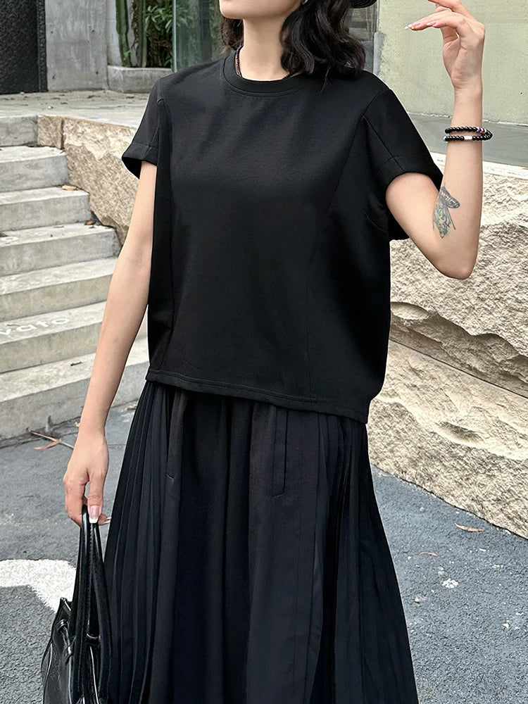 Women Black Irregular Hem Big Size Causal T-shirt New Round Neck Short Sleeve Fashion Tide Spring Summer 2025 1DJ1381