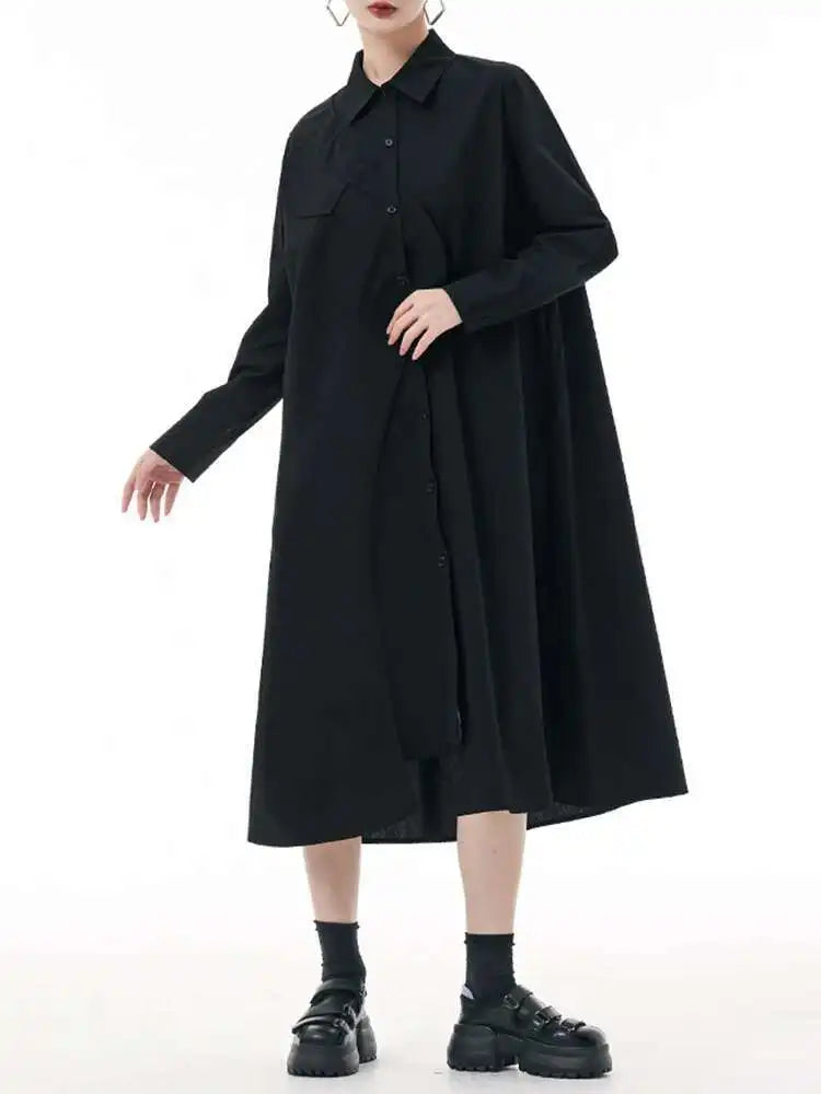 Women Purple Irregular Spliced Big Size Shirt Dress New Lapel Long Sleeve Loose Fit Fashion Spring Autumn 2025 1DH0654